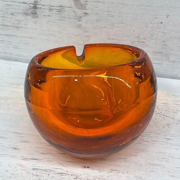 Vintage Amber Persimmon Orb Shaped Viking Glass Ashtray Mid-Century Modern MCM - Picture 6 of 8